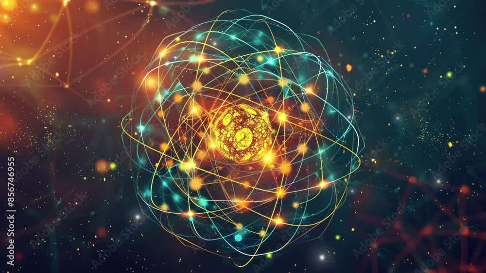 Abstract background with an atom. Atom structure with glowing particles on dark background. Background Microscopic atomic particle system. Atomic structure. Science. Abstract background with an atom. Atom structure with glowing particles on dark background. Background Microscopic atomic particle system. Atomic structure. Science.