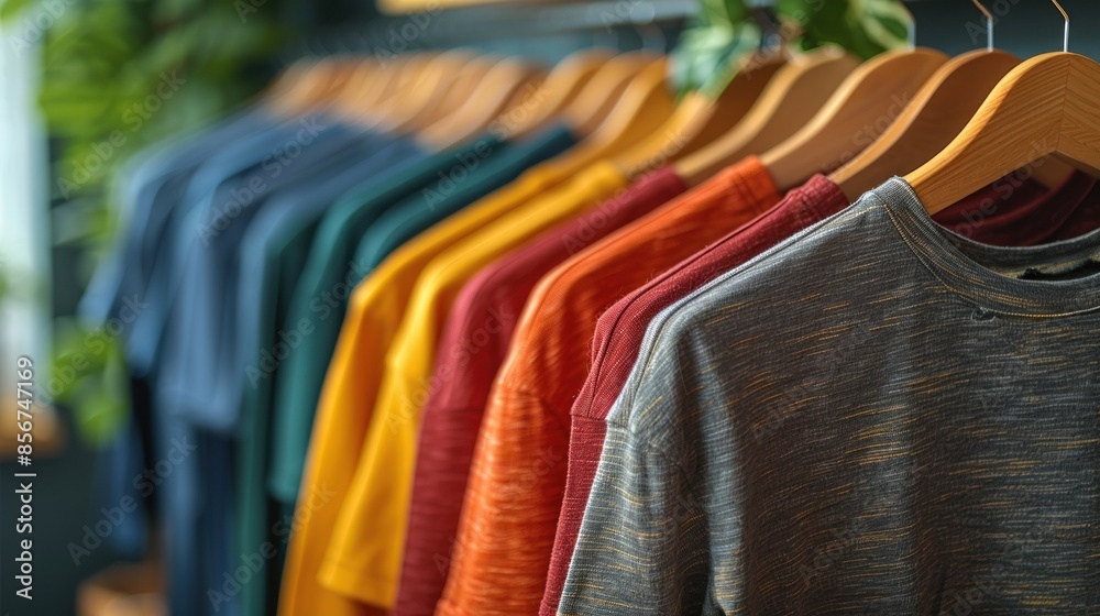 Obraz premium Colorful T-Shirts Hanging on Wooden Hangers