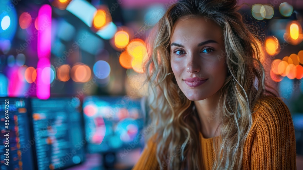 Young Woman Smiling With Blurred City Lights in the Background