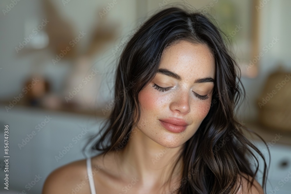 Woman with closed eyes having makeup applied. Woman with closed eyes having makeup applied.