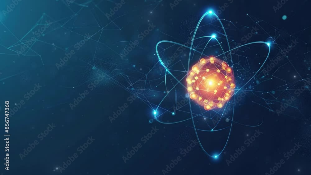 Abstract background with an atom. Atom structure with glowing particles on dark background. Background Microscopic atomic particle system. Atomic structure. Science.