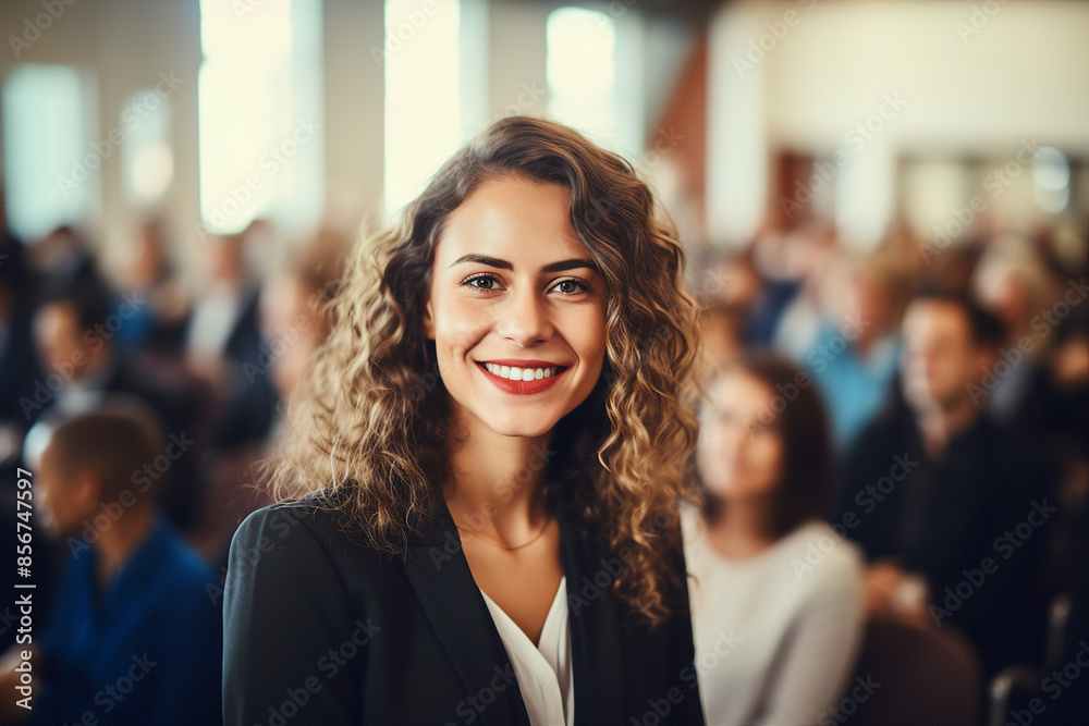 Generative AI illustration motivational speaker with microphone in hand in front of audience at conference room