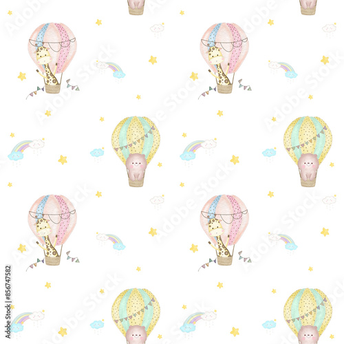 Sky Happy Baloon Seamless Patterns
with bear and giraffe in hot air ballons, clouds, rainbow and stars. Hand drawn watercolor illustration for wallpapers or textile, isolated print for your design. photo