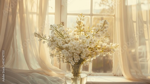 White Flowers in a Vase by a Window