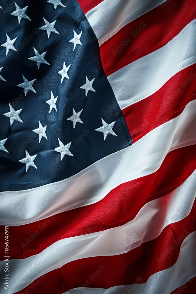 Close-up view of the American flag, displaying its stars and stripes in vibrant red, white, and blue colors, symbolizing freedom and patriotism.