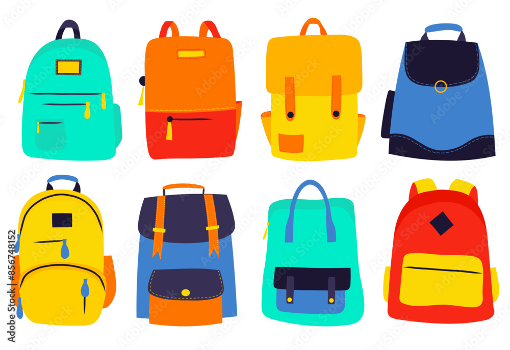 School backpacks set of flat vector illustrations. Student bag, rucksack School backpacks set of flat vector illustrations. Student bag, rucksack
