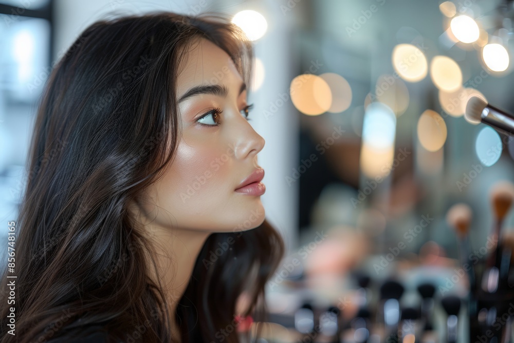 Obraz premium Woman with cat-eye makeup in a serene setting.