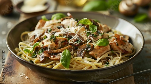 Savory pasta dish featuring tender chicken, earthy mushrooms, and a sprinkling of grated parmesan. Basil leaves add a fresh, aromatic touch