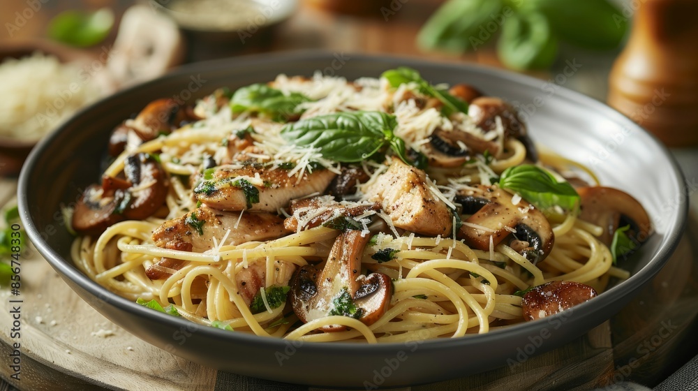 Savory pasta dish featuring tender chicken, earthy mushrooms, and a sprinkling of grated parmesan. Basil leaves add a fresh, aromatic touch Savory pasta dish featuring tender chicken, earthy mushrooms, and a sprinkling of grated parmesan. Basil leaves add a fresh, aromatic touch