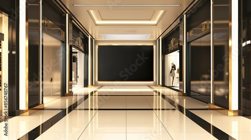 Luxury store interior with blank display - A modern luxury store interior with elegant design featuring a blank central display