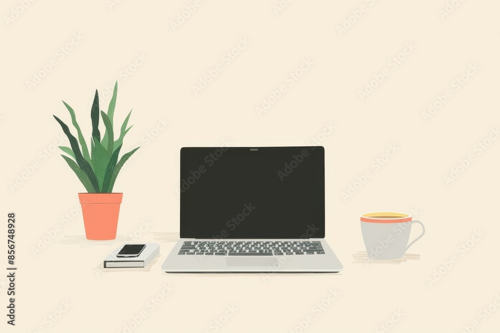 Fototapeta premium drawing of a stylish desktop with a laptop, a plant and a cup of coffee