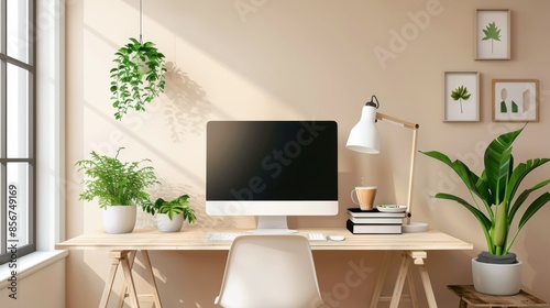drawing of a stylish desktop with a laptop, a plant and a cup of coffee