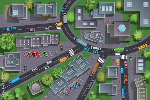 Top view of city streets, roads, roofs, cars, parkings, lawns, trees. Vector illustration. View from above.