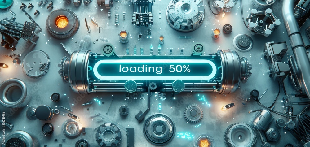 Futuristic loading screen at set against a high-tech background with mechanical parts, glowing elements, and intricate details. Gearbox with exposed gears and mechanical parts Futuristic loading screen at set against a high-tech background with mechanical parts, glowing elements, and intricate details. Gearbox with exposed gears and mechanical parts