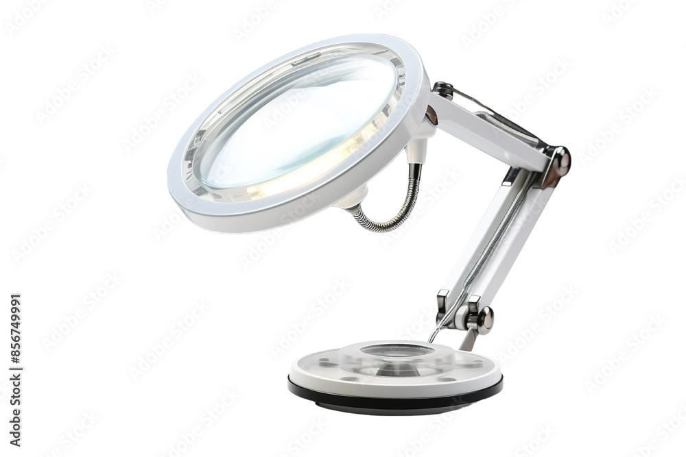 A Brightly Lit Magnifying Lamp With a Flexible Arm for Detail Work on a Clear PNG or White Background. A Brightly Lit Magnifying Lamp With a Flexible Arm for Detail Work on a Clear PNG or White Background.