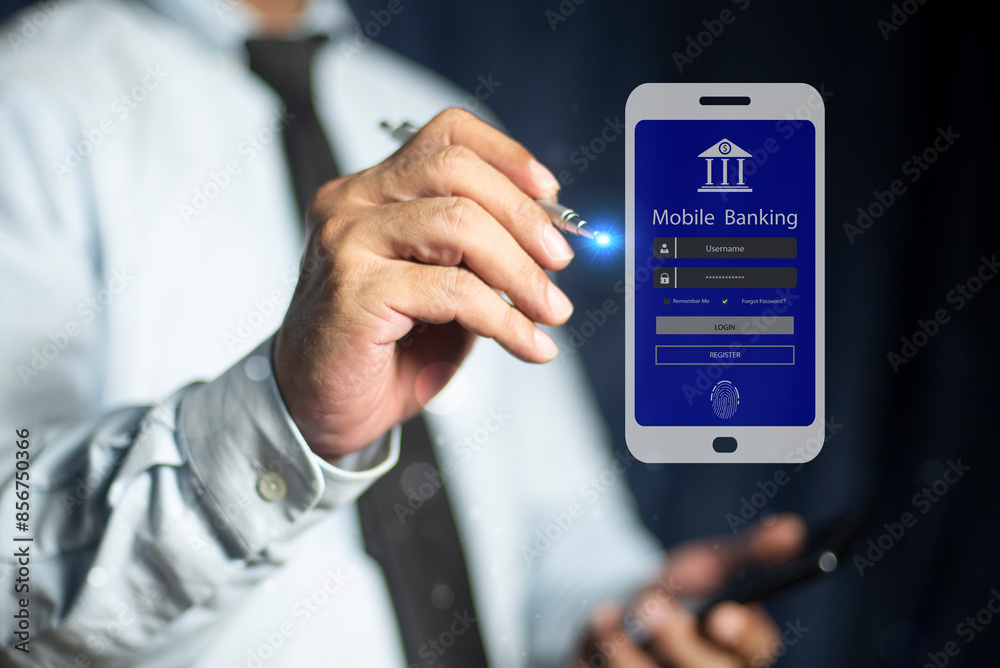 Businessman holding smart phone with mobile banking and fingerprint application on a screen for online shopping, Instant digital money transfer or real time payment Businessman holding smart phone with mobile banking and fingerprint application on a screen for online shopping, Instant digital money transfer or real time payment