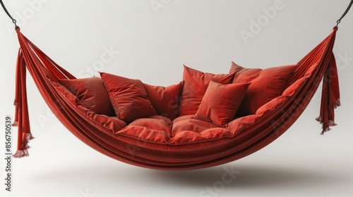 Red Hammock with Pillows Hanging on a White Background photo