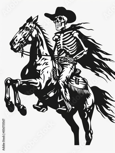 Wallpaper Mural A black and white illustration of a skeleton wearing a cowboy hat riding a horse Torontodigital.ca