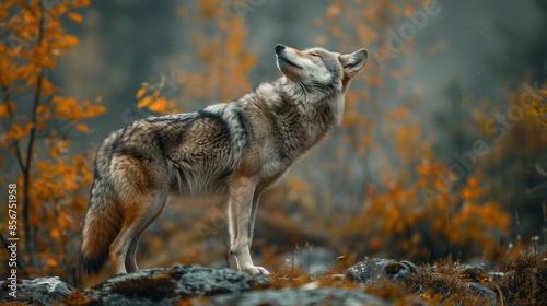 Wolf Standing on a Rocky Outcropping in Autumn Forest © vixion