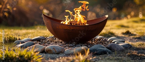 A fire pit with flames burning in a rustic setting. photo