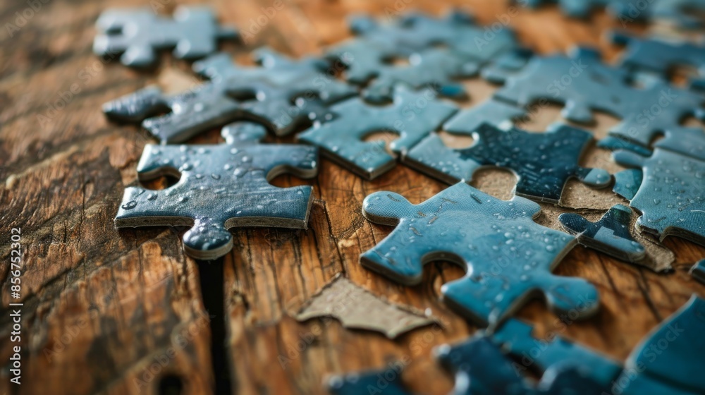 Wet puzzle pieces on a wooden table, close-up view. Creative leisure and jigsaw puzzle concept Wet puzzle pieces on a wooden table, close-up view. Creative leisure and jigsaw puzzle concept