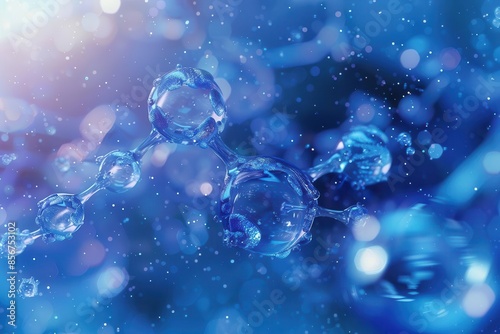 microscopic view of blue liquid bubbles with molecules scientific healthcare background 3d rendering