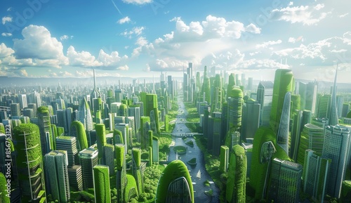Illustration of a futuristic city with greenery and parks, showing an ecological vision of future cities in 3D. #856753123