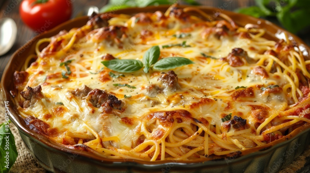 Savory spaghetti pie with melted cheese, ground beef, and a zesty tomato sauce, all baked to perfection in a dish Savory spaghetti pie with melted cheese, ground beef, and a zesty tomato sauce, all baked to perfection in a dish