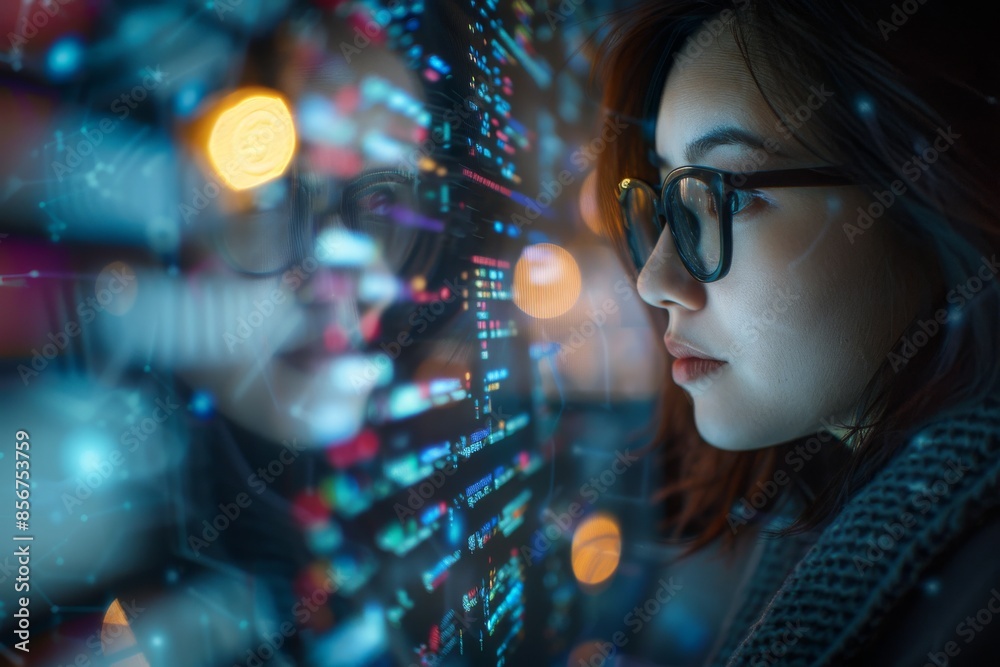 She is a young nerdy computer programmer looking through data, software, or network interfaces. A female software developer concentrating on coding. She is a young nerdy computer programmer looking through data, software, or network interfaces. A female software developer concentrating on coding.