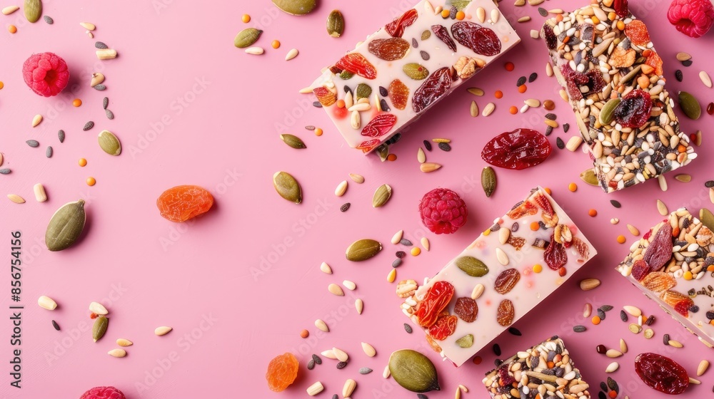 Vegan Sweets with Seeds and Dried Fruit Healthy Candy on Pink Background Vegan Sweets with Seeds and Dried Fruit Healthy Candy on Pink Background