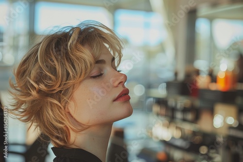 Woman with short blonde hair looking thoughtfully in a bright salon.