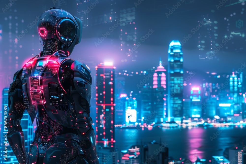 The robot stands in front of a night skyline illuminated by skyscrapers, representing a future where intelligent and powerful robots guard humans. The robot stands in front of a night skyline illuminated by skyscrapers, representing a future where intelligent and powerful robots guard humans.