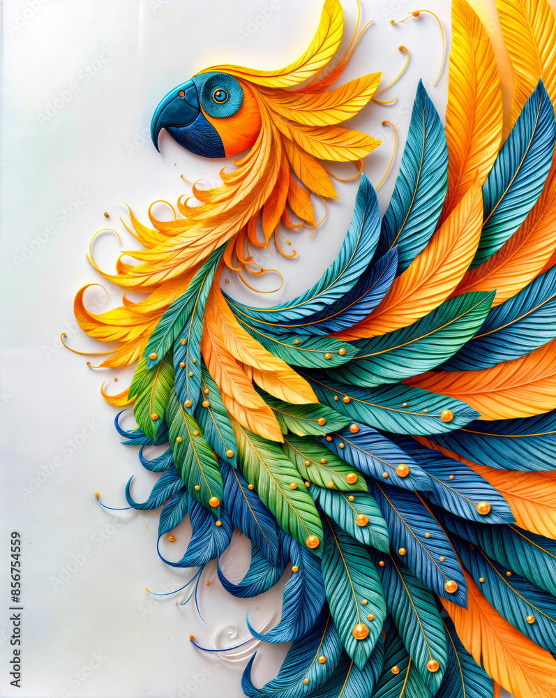 Fototapeta premium Painting of colorful bird with feathers on it's back side.