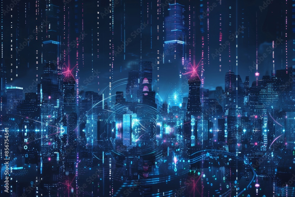 Fototapeta premium A digital blue wave wire with antennas connected to a nighttime skyline of a megapolis city demonstrates smart city technology.