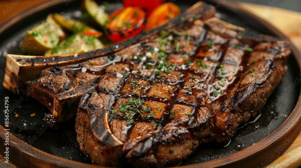 Sizzling grilled T-bone steak on a plate, ready to be enjoyed. Sizzling grilled T-bone steak on a plate, ready to be enjoyed.