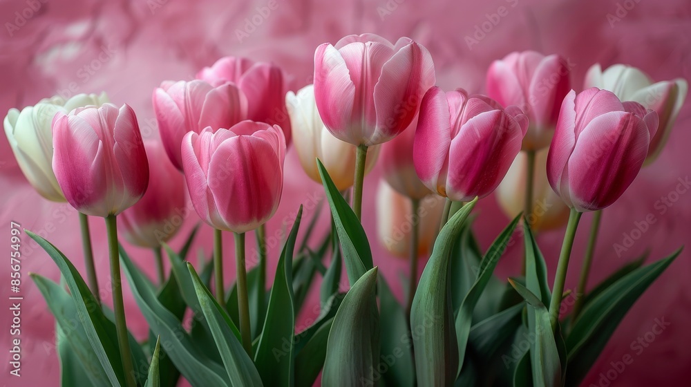 Pink and white tulips against a pink background, close-up view. Floral arrangement and spring bloom concept Pink and white tulips against a pink background, close-up view. Floral arrangement and spring bloom concept
