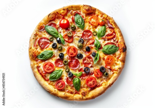 Pizza with mushrooms, tomatoes, mozzarella, peppers, and black olives, cut out