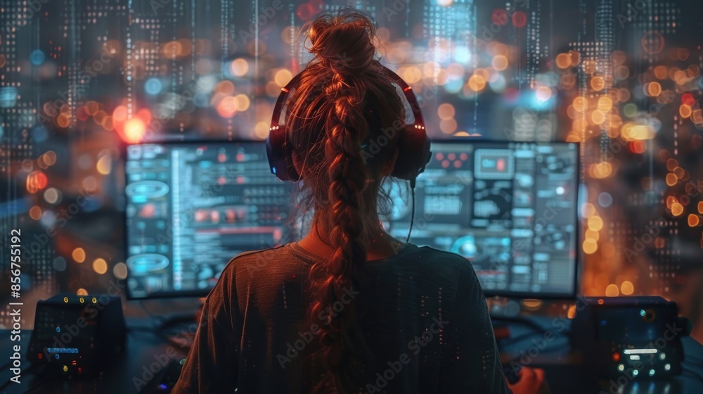 Woman in Headphones Focuses on Computer Screen