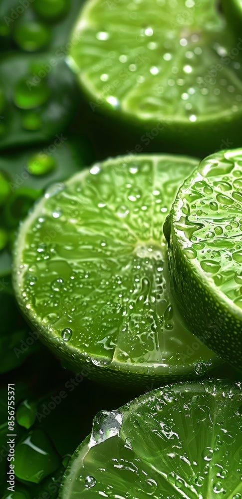 Closeup of fresh juicy lime slices with water drops for a refreshing citrus concept Closeup of fresh juicy lime slices with water drops for a refreshing citrus concept