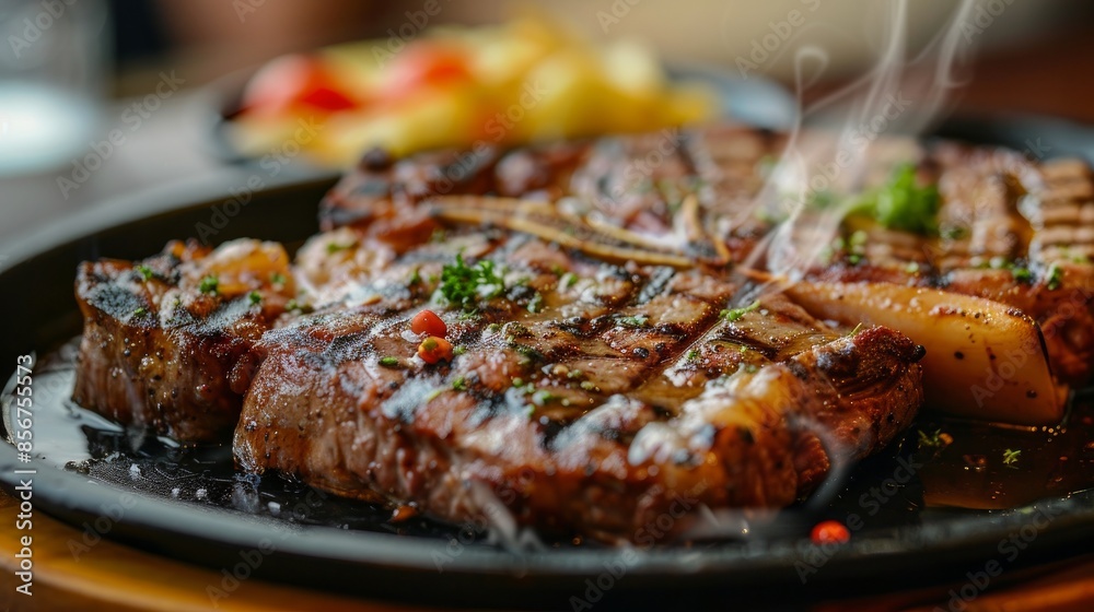 Sizzling grilled T-bone steak on a plate, ready to be enjoyed. Sizzling grilled T-bone steak on a plate, ready to be enjoyed.