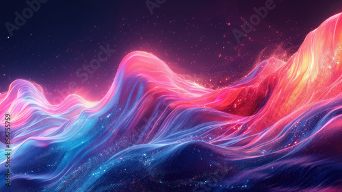 A vibrant wallpaper featuring a neon-colored wave with a luminous glow, symbolizing the dynamic flow of data transfer. © Patthranit