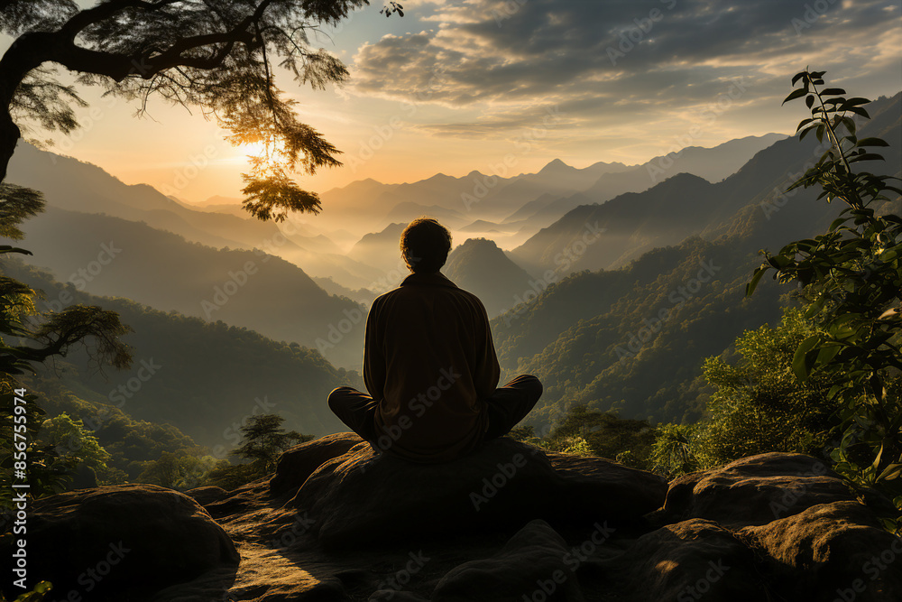AI generated image of man practicing mindfulness and meditation or yoga in a peaceful natural environment AI generated image of man practicing mindfulness and meditation or yoga in a peaceful natural environment