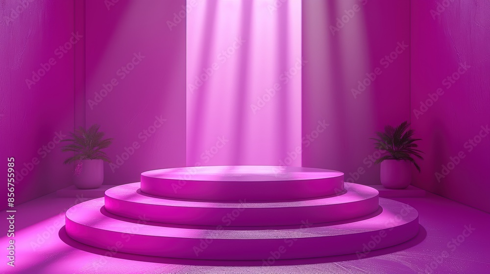 Vibrant pink podium with dramatic lighting in a minimalist space, perfect for product display or presentation background. Vibrant pink podium with dramatic lighting in a minimalist space, perfect for product display or presentation background.