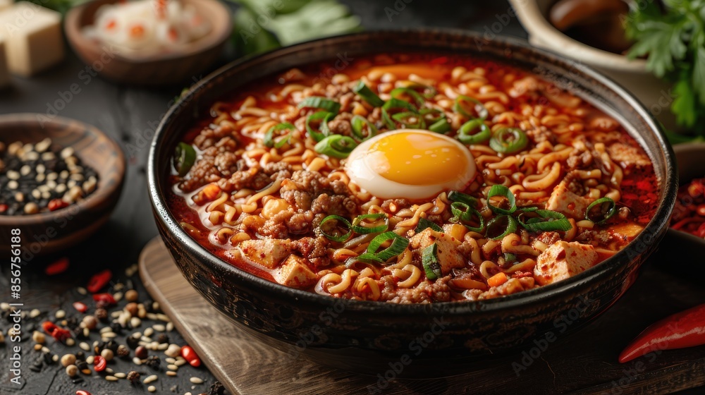 Spicy Korean Noodle Soup with Egg and Tofu