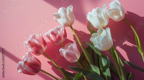 Pink and white tulips on a pink background, floral arrangement concept