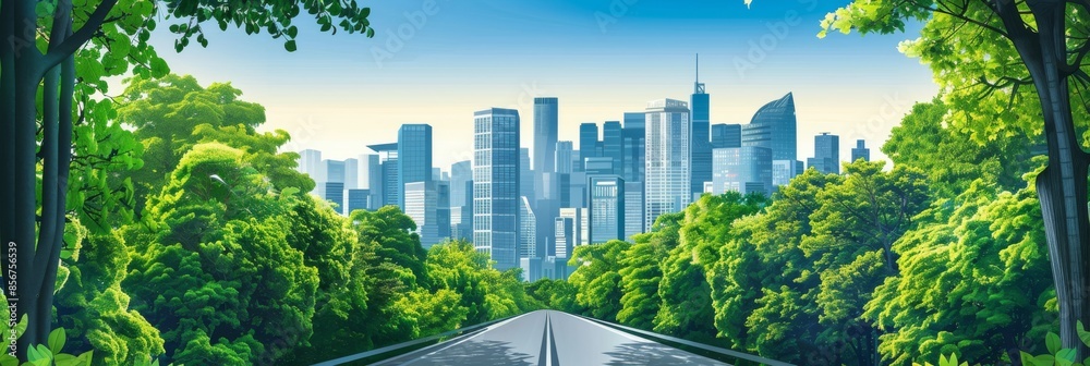 An aerial view of the future city, with skyscrapers and modern buildings, with a river, road, densely planted trees and greenery, and dense vegetation An aerial view of the future city, with skyscrapers and modern buildings, with a river, road, densely planted trees and greenery, and dense vegetation