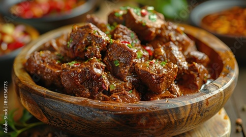 Close-Up of Aromatic Beef Stew in Wooden Bowl