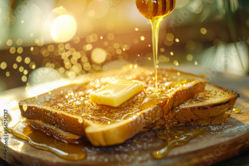 slice of toast with butter being drizzled with golden honey