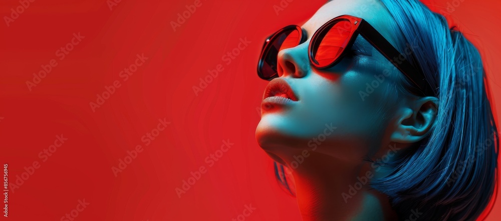 Close-up portrait of model posing with red lipstick on her lips, blue hair, sunglasses, and latex suit. Concept of fashion, elegance, and style. Close-up portrait of model posing with red lipstick on her lips, blue hair, sunglasses, and latex suit. Concept of fashion, elegance, and style.