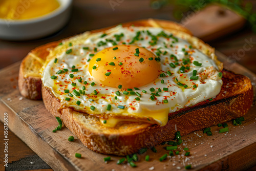 close-up of a fried egg on a slice of toast. The toast is a light golden brown color and has a slightly rough texture